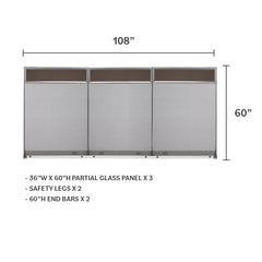 GOF 108"W x 48”/60”/72”H, Straight Line Freestanding Partial Glass Partition Package