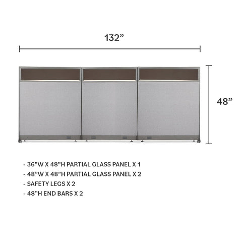 GOF 132"W x 48”/60”/72”H, Straight Line Freestanding Partial Glass Partition Package