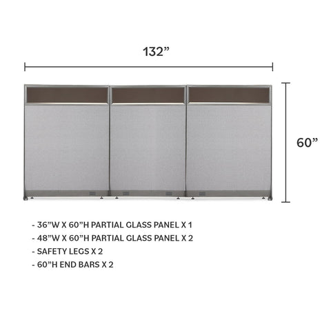 GOF 132"W x 48”/60”/72”H, Straight Line Freestanding Partial Glass Partition Package