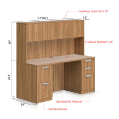 66"x24" Credenza Shell with B/B/F, F/F Pedestals and Hutch