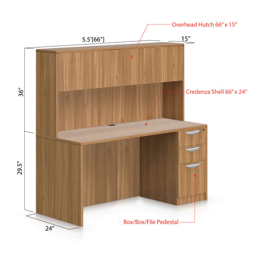 66"x24" Credenza Shell with B/B/F Pedestal and Hutch - Kainosbuy.com
