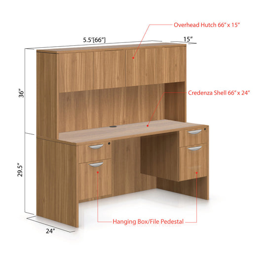 66"x24" Credenza Shell with Two Hanging B/F Pedestals and Hutch