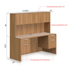 66"x24" Credenza Shell with Two Hanging B/F Pedestals and Hutch