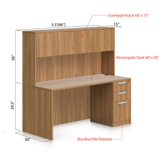 66"x30" Rectangular Desk with B/B/F Pedestal and Hutch