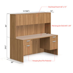 66"x30" Rectangular Desk with Two Hanging B/F Pedestals and Hutch