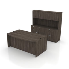 71"x42" Bow Front Desk, Lateral File & Mixed Storage, Hutch Added