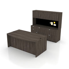 71"x42" Bow Front Desk, Lateral File & Mixed Storage, Hutch Added