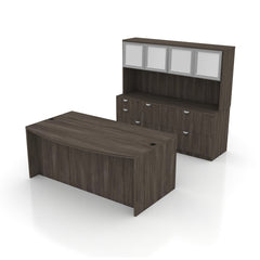 71"x42" Bow Front Desk, Lateral File & Mixed Storage, Hutch Added