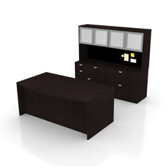 71"x42" Bow Front Desk, Lateral File & Mixed Storage, Hutch Added