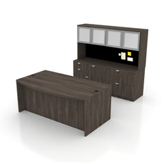 71"x42" Bow Front Desk, Lateral File & Mixed Storage, Hutch Added