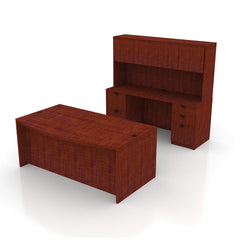 71"x42" Bow Front Desk H/B/F & Credenza Shell with B/B/F & F/F Pedestals, Hutch Added