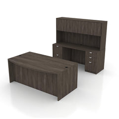 71"x42" Bow Front Desk H/B/F & Credenza Shell with B/B/F & F/F Pedestals, Hutch Added