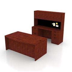 71"x42" Bow Front Desk H/B/F & Credenza Shell with B/B/F & F/F Pedestals, Hutch Added