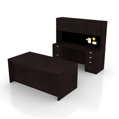 71"x42" Bow Front Desk H/B/F & Credenza Shell with B/B/F & F/F Pedestals, Hutch Added