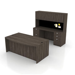 71"x42" Bow Front Desk H/B/F & Credenza Shell with B/B/F & F/F Pedestals, Hutch Added