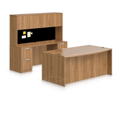71"x42" Bow Front Desk H/B/F & Credenza Shell with B/B/F & F/F Pedestals, Hutch Added