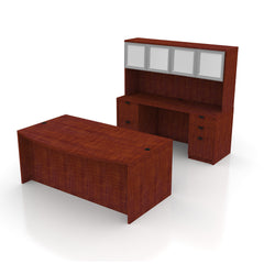 71"x42" Bow Front Desk B/B/F & Credenza Shell with B/B/F & F/F Pedestals, Hutch Added