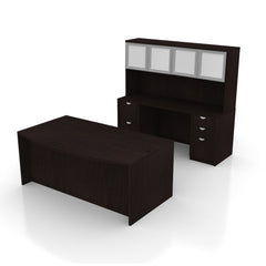 71"x42" Bow Front Desk H/B/F & Credenza Shell with B/B/F & F/F Pedestals, Hutch Added