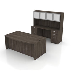 71"x42" Bow Front Desk H/B/F & Credenza Shell with B/B/F & F/F Pedestals, Hutch Added