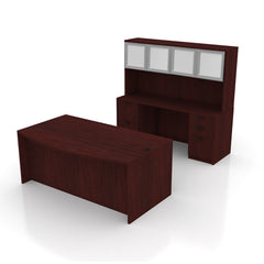 71"x42" Bow Front Desk H/B/F & Credenza Shell with B/B/F & F/F Pedestals, Hutch Added