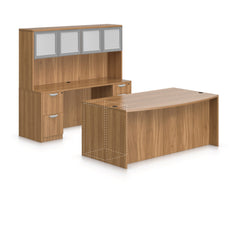 71"x42" Bow Front Desk H/B/F & Credenza Shell with B/B/F & F/F Pedestals, Hutch Added