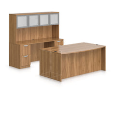 71"x42" Bow Front Desk B/B/F & Credenza Shell with B/B/F & F/F Pedestals, Hutch Added