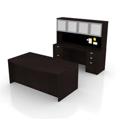 71"x42" Bow Front Desk H/B/F & Credenza Shell with B/B/F & F/F Pedestals, Hutch Added