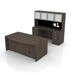 71"x42" Bow Front Desk H/B/F & Credenza Shell with B/B/F & F/F Pedestals, Hutch Added