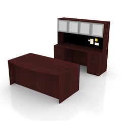 71"x42" Bow Front Desk H/B/F & Credenza Shell with B/B/F & F/F Pedestals, Hutch Added