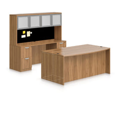 71"x42" Bow Front Desk H/B/F & Credenza Shell with B/B/F & F/F Pedestals, Hutch Added