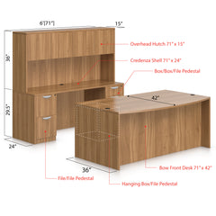 71"x42" Bow Front Desk H/B/F & Credenza Shell with B/B/F & F/F Pedestals, Hutch Added