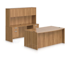 71"x42" Bow Front Desk B/B/F & Credenza Shell with Two Hanging B/F Pedestal, Hutch Added