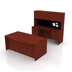 71"x42" Bow Front Desk B/B/F & Credenza Shell with Two Hanging B/F Pedestal, Hutch Added