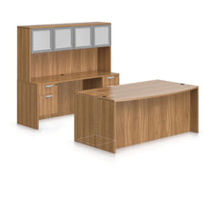71"x42" Bow Front Desk B/B/F & Credenza Shell with Two Hanging B/F Pedestal, Hutch Added