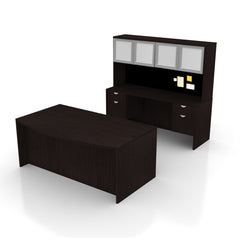 71"x42" Bow Front Desk B/B/F & Credenza Shell with Two Hanging B/F Pedestal, Hutch Added