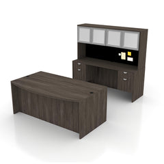 71"x42" Bow Front Desk B/B/F & Credenza Shell with Two Hanging B/F Pedestal, Hutch Added