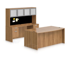 71"x42" Bow Front Desk B/B/F & Credenza Shell with Two Hanging B/F Pedestal, Hutch Added