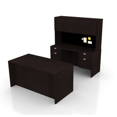 71"x36" Rectangular Desk B/B/F & Credenza Shell with Two Hanging B/F Pedestal, Hutch Added