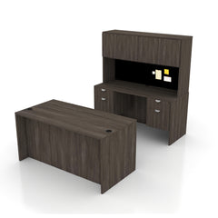 71"x36" Rectangular Desk B/B/F & Credenza Shell with Two Hanging B/F Pedestal, Hutch Added