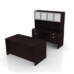 71"x36" Rectangular Desk B/B/F & Credenza Shell with Two Hanging B/F Pedestal, Hutch Added