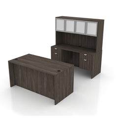 71"x36" Rectangular Desk B/B/F & Credenza Shell with Two Hanging B/F Pedestal, Hutch Added