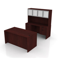 71"x36" Rectangular Desk B/B/F & Credenza Shell with Two Hanging B/F Pedestal, Hutch Added