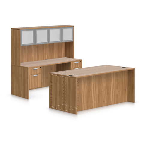 71"x36" Rectangular Desk B/B/F & Credenza Shell with Two Hanging B/F Pedestal, Hutch Added