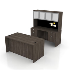 71"x36" Rectangular Desk B/B/F & Credenza Shell with Two Hanging B/F Pedestal, Hutch Added