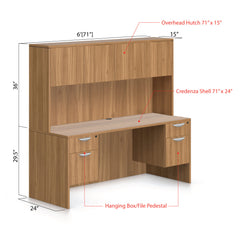 71"x24" Credenza Shell with Two Hanging B/F Pedestals and Hutch