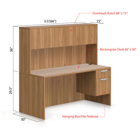 66"x30" Rectangular Desk with Hanging B/F Pedestal and Hutch