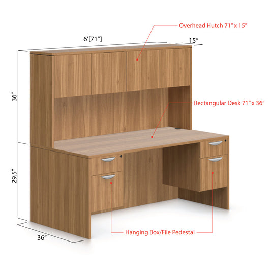71"x36" Rectangular Desk with Two Hanging B/F Pedestals and Hutch