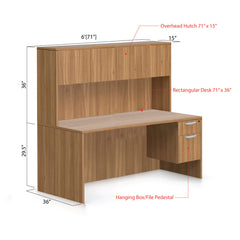 71"x36" Rectangular Desk with Hanging B/F Pedestal and Hutch