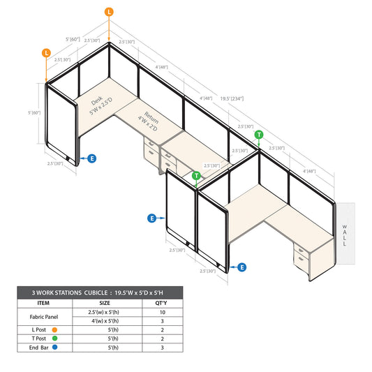 GOF 3 Person Workstation Cubicle (5.5'D  x 19.5'W x 5'H)