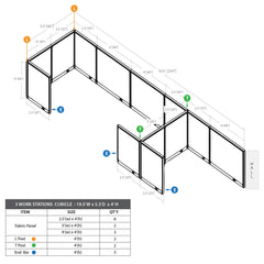 GOF 3 Person Workstation Cubicle (5.5'D  x 19.5'W x 4'H)